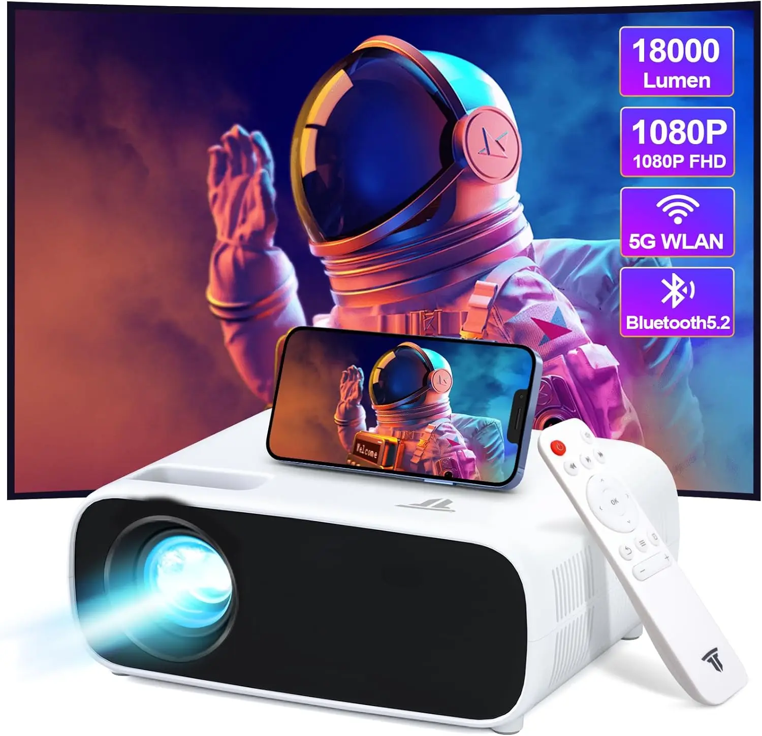 Full HD 1080P, 18000 Lumen Helligkeit 2024 Neuer Mini Beamer mit WiFi & Bluetooth Konnektivität, Kompatibel mit Mehreren Geräten