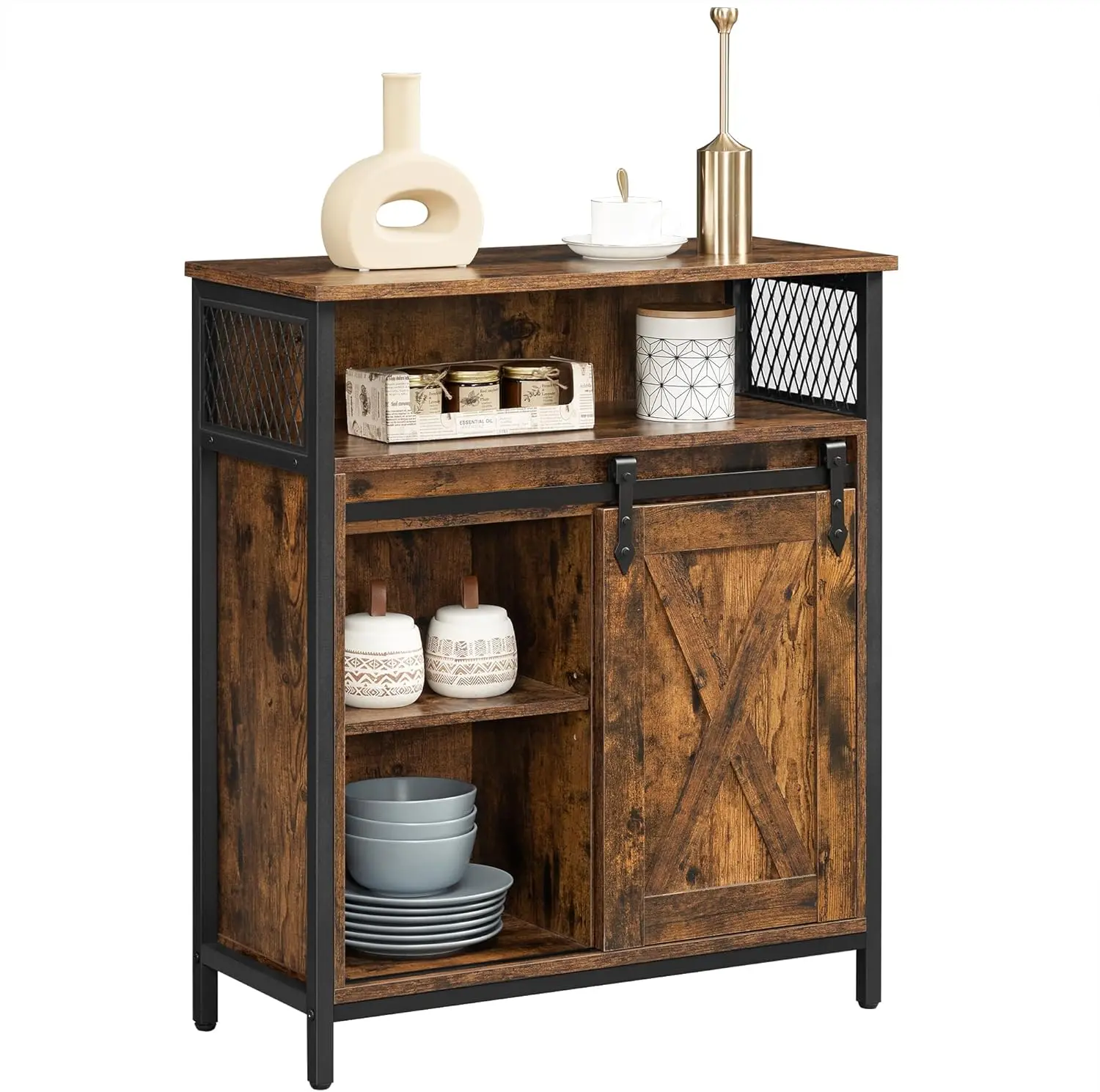 

Buffet Cabinet, Sideboard with Open Compartment, Sliding Barn Door, 11.8"D x 27.6"W x 31.5"H, Rustic Brown and Black