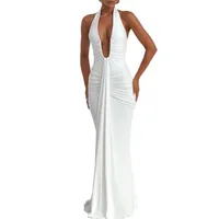 ABYOVRT Women Deep V Neck Ruched Maxi Dress Sleeveless Halter Gown Cocktail Evening Formal Dresses