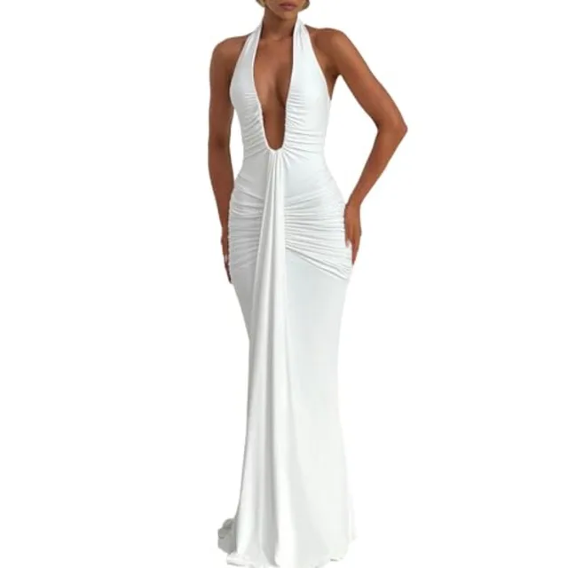 ABYOVRT Women Deep V Neck Ruched Maxi Dress Sleeveless Halter Gown Cocktail Evening Formal Dresses