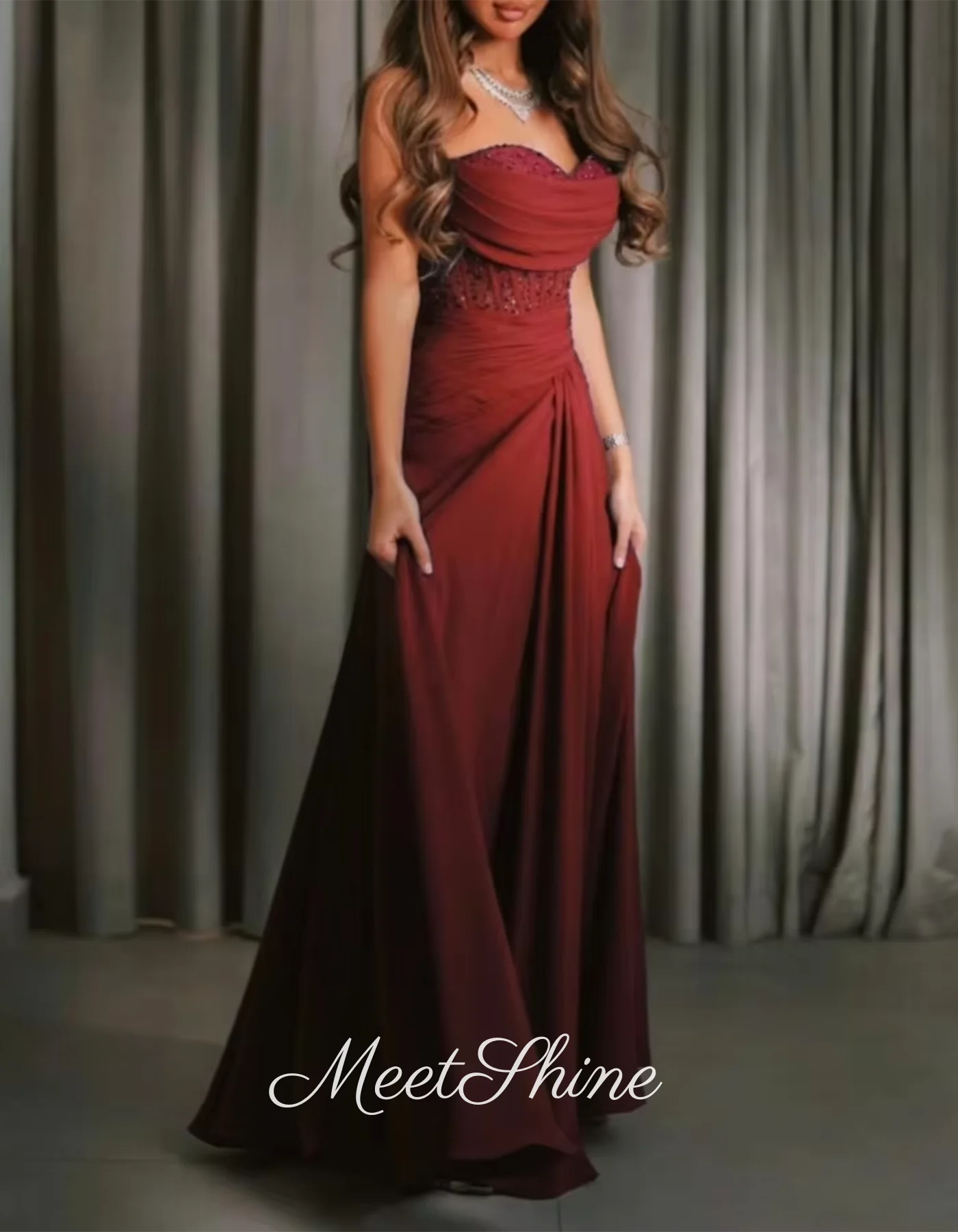 Elegant Crystal Beads Sweetheart Evening Dresses Burgundy Pleated Sequined Prom Dresses Floor Length Wedding Dress Customized