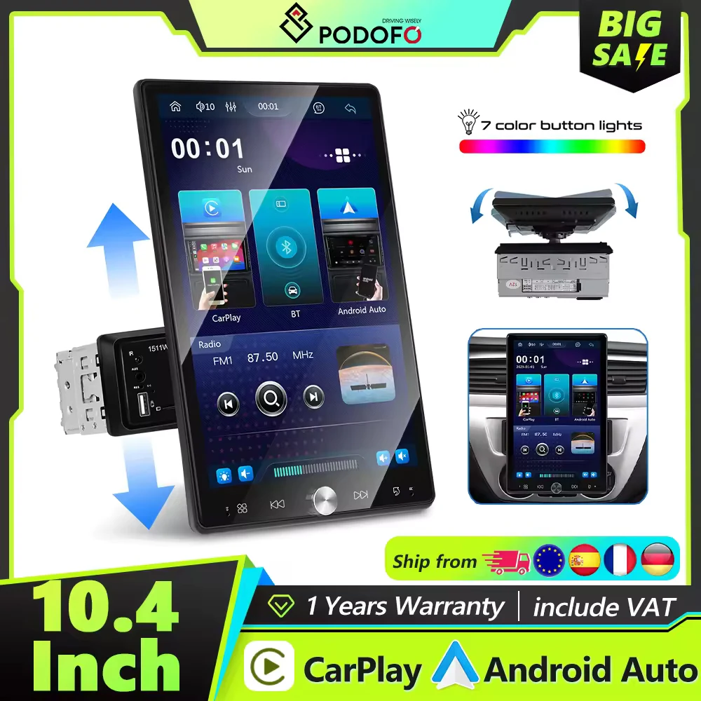 Podofo 10,4'' Manuell Schwenkbares 1DIN Autoradio Kabelloses Carplay Android Auto Multimedia-Player Spiegelverbindung BT FM/RDS Radio EQ