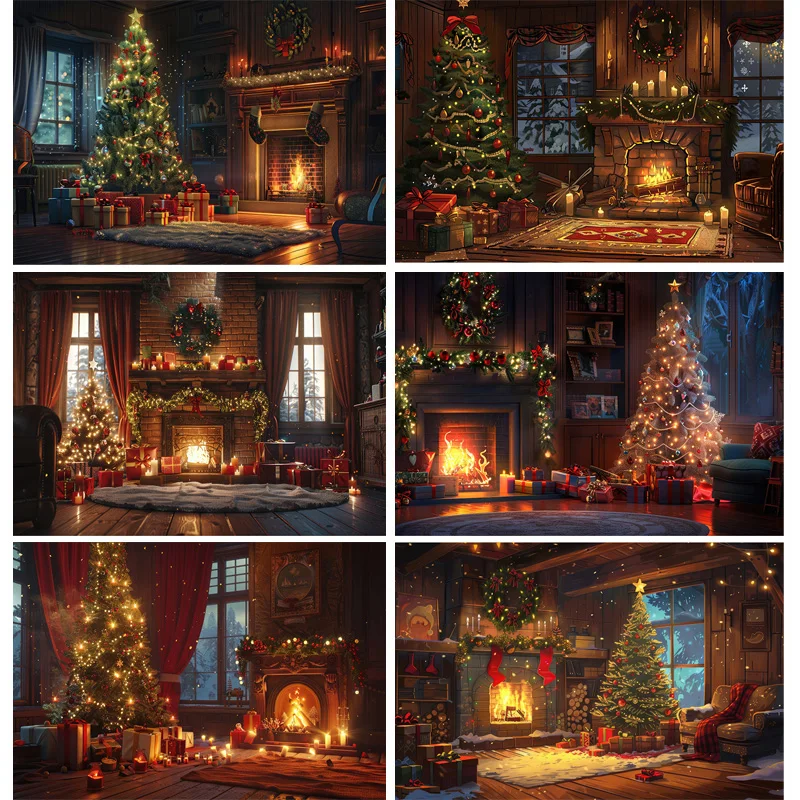 

Living Room Decorated With Christmas Tree Photography Backdrops Props New Year Holiday Fireplace Indoor Party Background JS-08