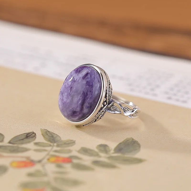 Amxiu Sterling Silver 925  Purple Dragon Crystal  Wheat Spike Candy Color Oval Personality Trendy Silver Ring