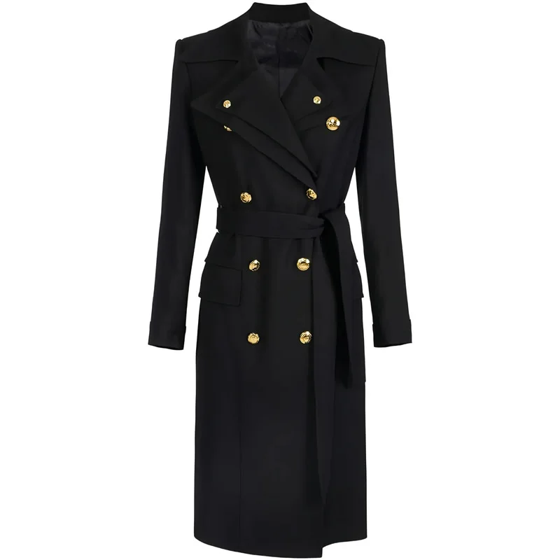 

Women Black Solid Coat Long Sleeve Turn-Down Collar Button Coat