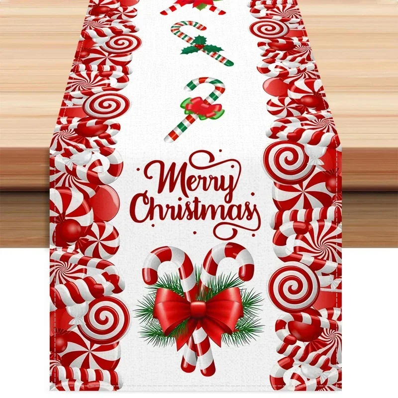 Table Runner Linen Christmas Candy Cane Red White Sweet Swirl Dining Tablecloth Holiday Party Kitchen Decor