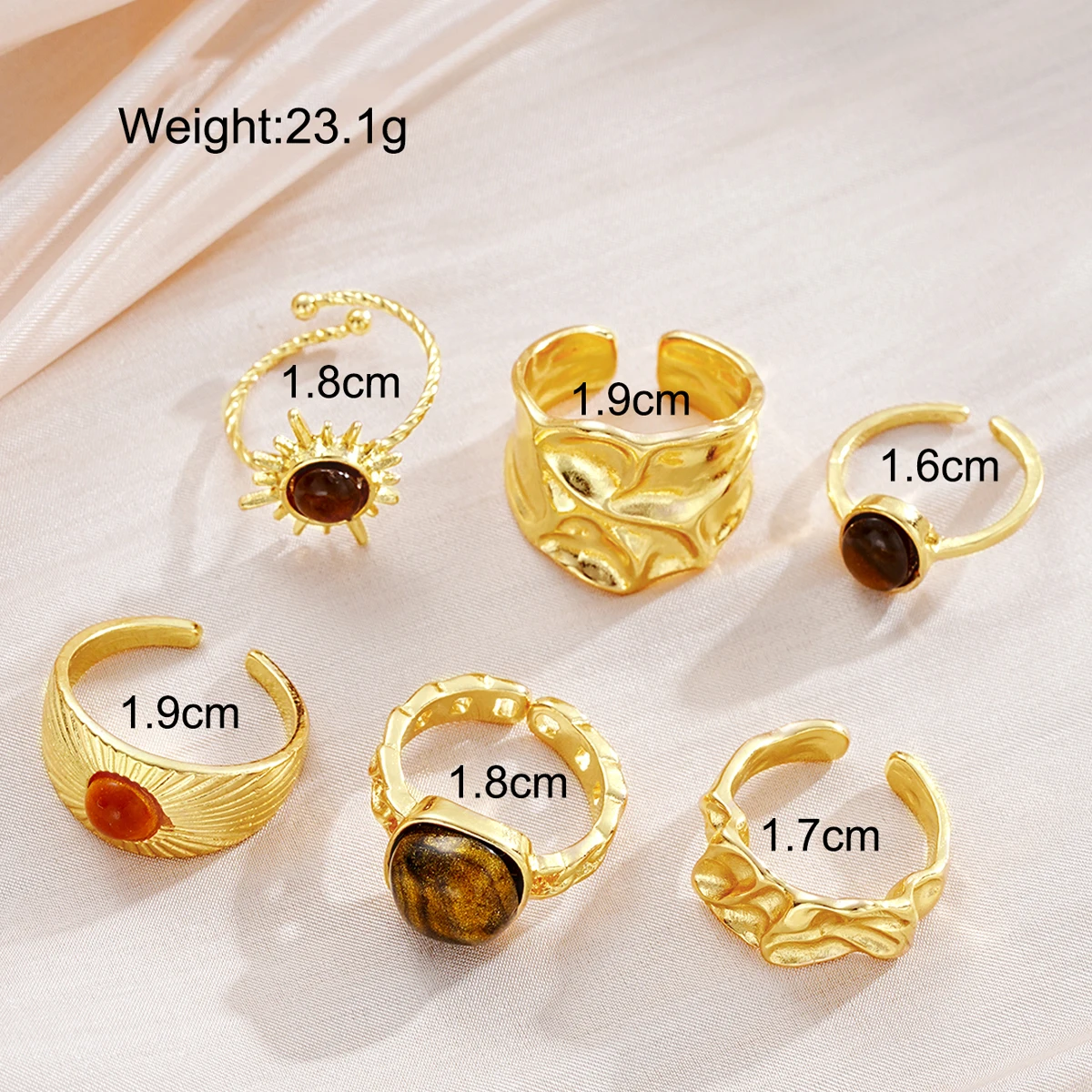 6pcs Sunflower Tiger Eye Stone Ring Set for Women Vintage Irregular Gold Color Aesthetic Open Rings Fashion Party Jewelry Gifts image 6