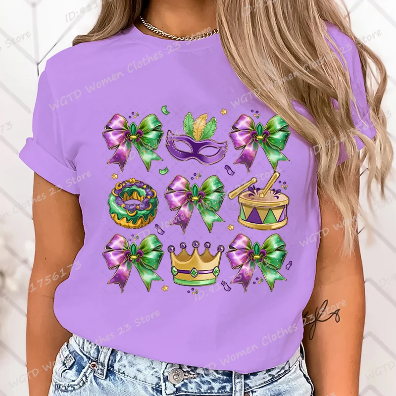 Mardi Gras Print T-Shirts For Women Summer Solid Color Short Sleeve Tee Shirts Round Neck Casual Soft Loose T-shirts Ladies Tops