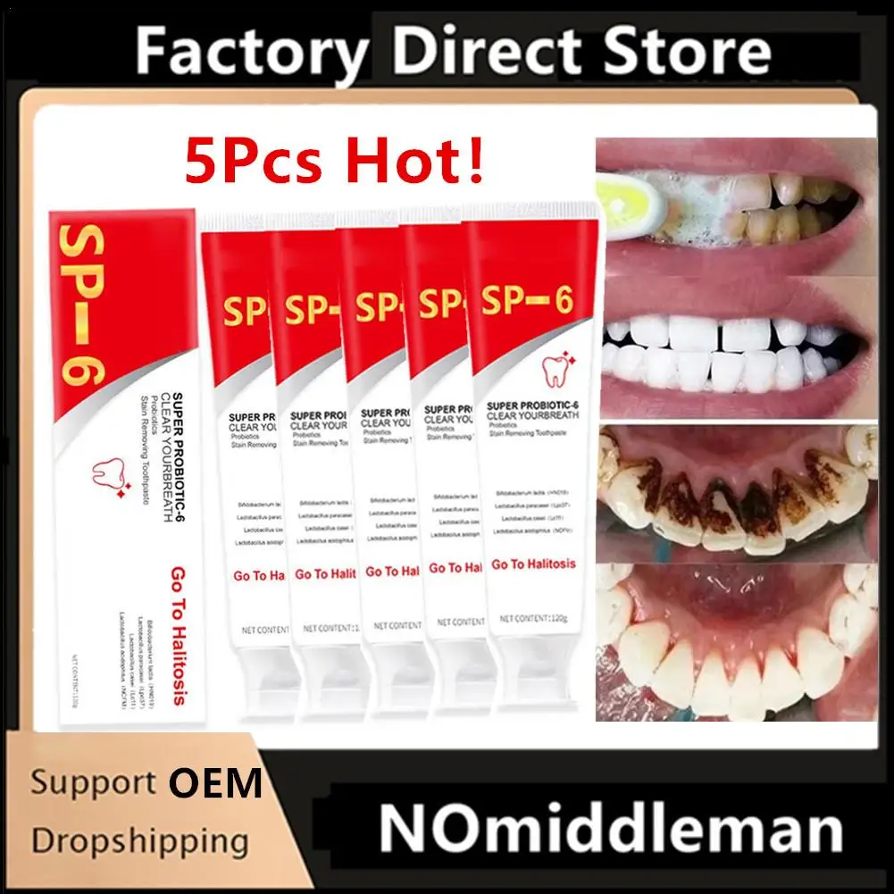 

5Pcs SP-6 Probiotic Whitening Stain Removal Toothpaste Freshens Breath Improves Yellow Teeth Probiotic Toothpaste Fresh Care