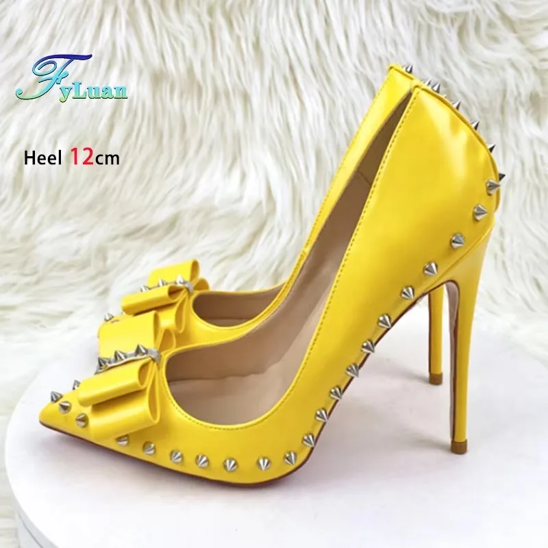 

Women's Single Shoes 8CM 10CM 12CM Fashion Bow-knot Summer Yellow Thin High Heels Europe and America New Chic Rivet Woman Pumps
