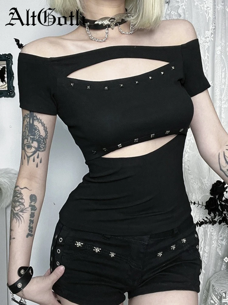 

AltGoth Mall Gothic Sexy T-shirt Women Dark Cyber Punk Streetwear Hollow Out Rivets Short Sleeve Off-the-shoulder Crop Tee Tops