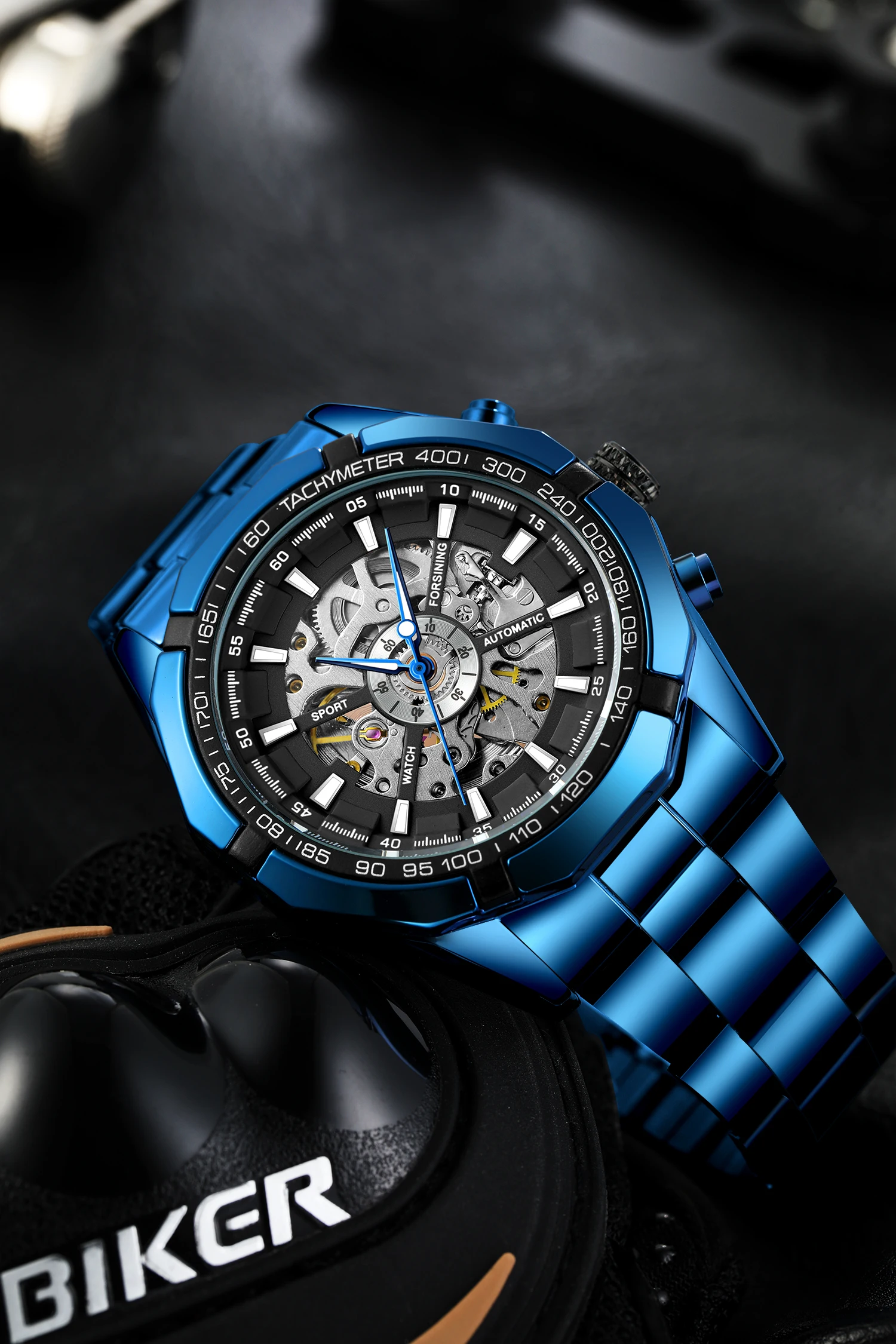 Forsining New Stainless Steel Waterproof Men Transparent Skeleton Blue Watches Luxury Tourbillion Mechanical Sport reloj hombre