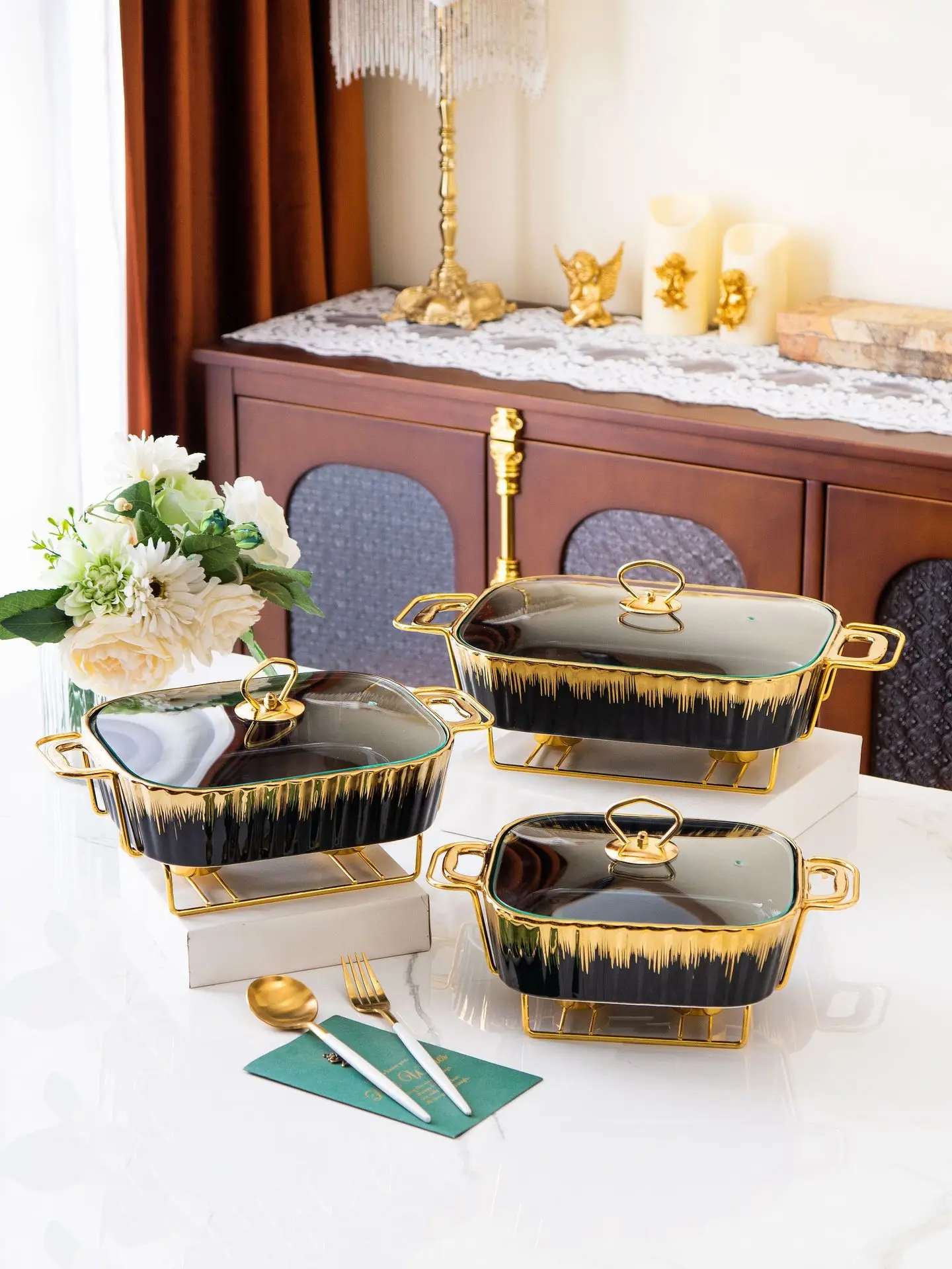 11inch   Rectangular ceramic pot baking tray tableware heated by light fire Hotel dry soup pot casserole creative pot rack