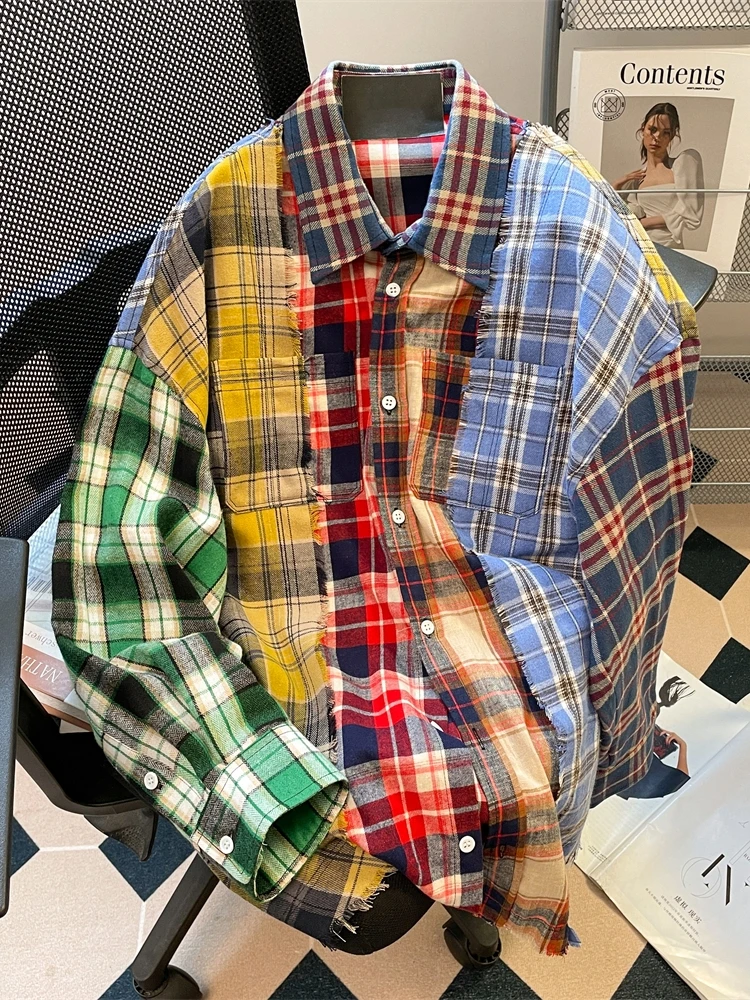 

American Color Blo Plaid Long Sve irt ex Autumn Oversize Vintage Hong Kong Sle на пуговицах Youth Faion irt