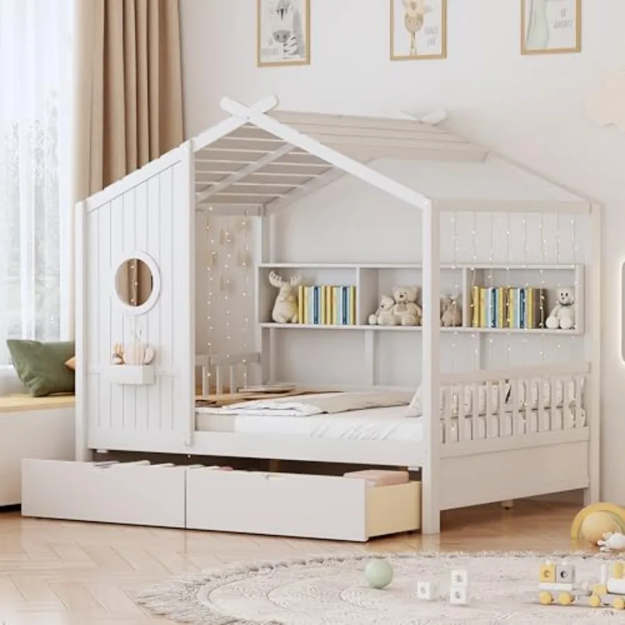 

House Bed with Storage Drawers, House Bed Frame with Shelves, Cute Wood House Bed with Roof for,Girls, Boys, White