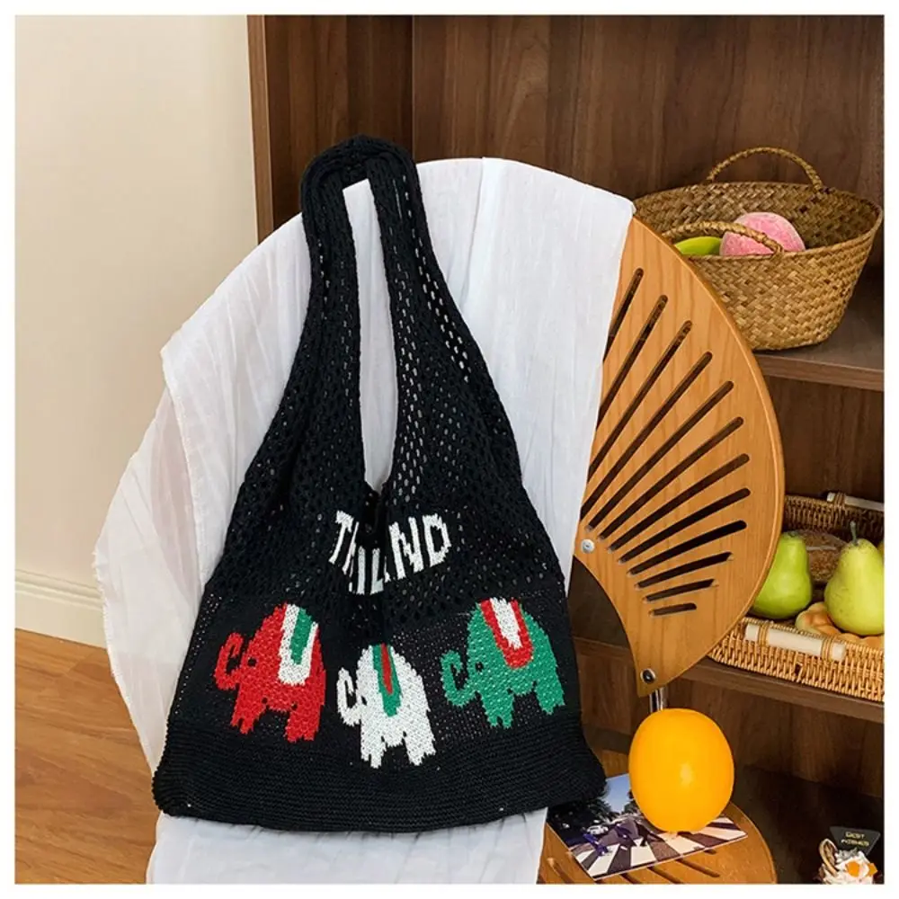 

Foldable Summer Cotten Crochet Shoulder Bag Thailand Large Capacity Hollow Out Weave Bag Handbag Elephant Beach Handbag Summer