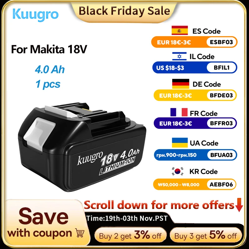 

Kuugro 18V 6Ah 5Ah 4Ah For Makita 18V Battery Power Tools Li-ion Replacement LXT BL1850 BL1840 for 18V Screwdriver with BMS
