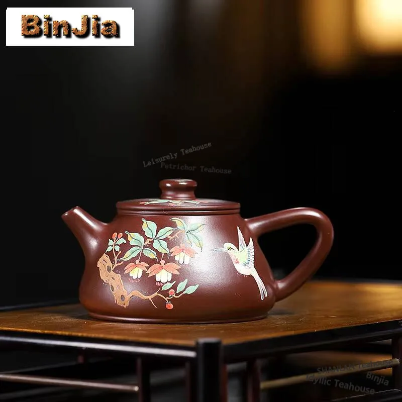 

230ml Yixing Purple Clay Teapot Handmade Colored Drawing Double Line Scoop Pot Raw Ore Purplezhu Mud Kettle Infuser Zisha Teaset