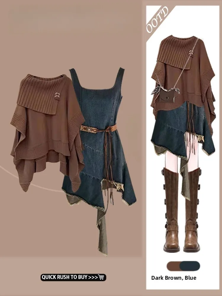 

Sweet Faionable Denim ter Ne Cowl Ne Sweater And Skirt Set for Women Autumn New Arrival Ele Feel Size