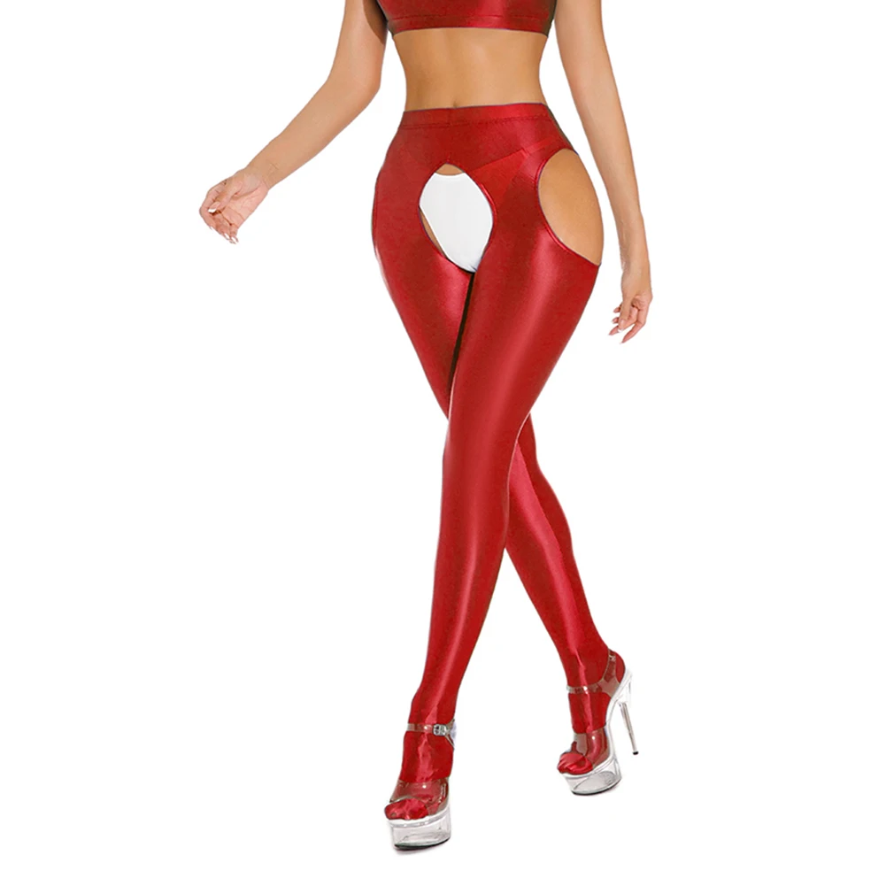 

Pink Red Grey Women Shiny See Through Open Crotch Leggings Skinny Dance Yoga Sports Pants High Waist Pantyhose Tights