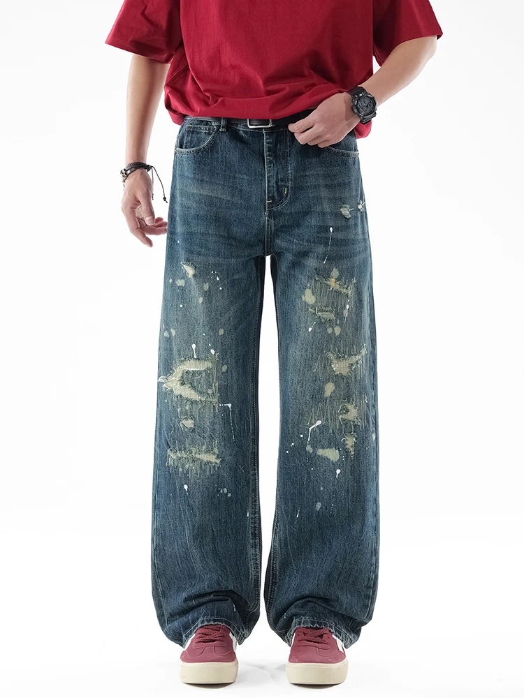 

KSTUN Men's Hip Hop Distressed Wide Leg Jeans Paint Splatter Baggy Loose Straight Retro Blue Patched Denim Pants No Accessories