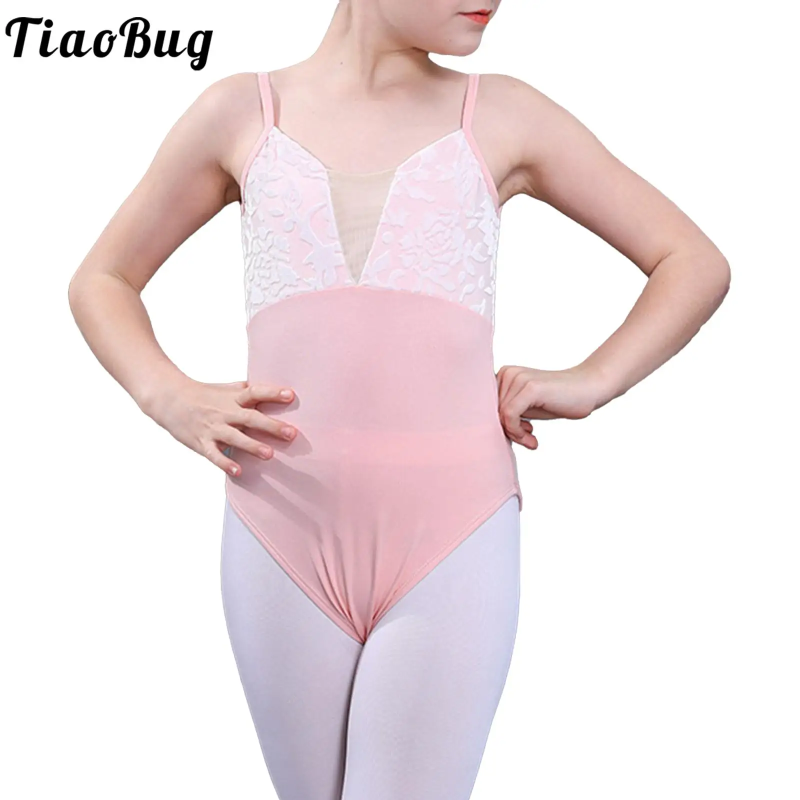 

Kids Girls Sleeveless Spaghetti Shoulder Straps V Shape Front Hollow Lace Backless Slim Fit Dance Leotards dancewear