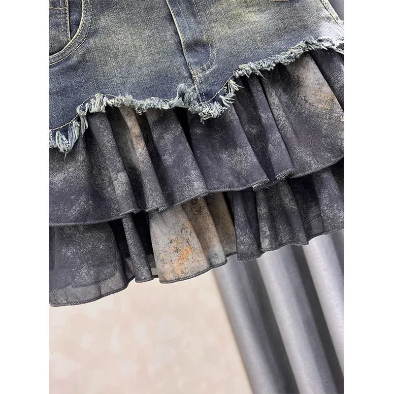 Spliced denim Skirt for Women New Age-reducing Versatile and Fashionable High-waisted Slimming A-line Short Skirt Trendy