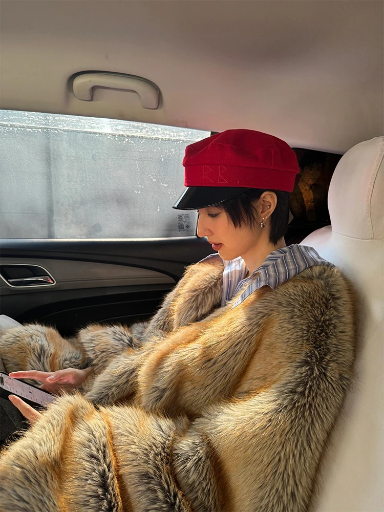 

Eco-Friendly Fur Coat Women's Young Sle Inteated Leather And Fur Winter Thi Warm Windproof Long Sve V-Ne Dr