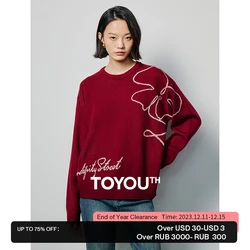 Toyouth Women Sweater 2023 Winter Long Sleeve O Neck Loose Knitwear Floral Letter Embroidery Christmas Day Vintage Clothes Tops