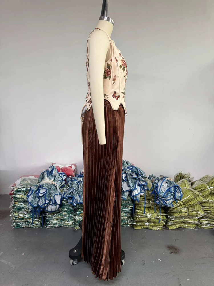 Damen-Kleider-Sets, Blumendruck, Korsett-Oberteil, hohe Taille, plissiert, lange Maxiröcke, Anzug, 2025, Party, Abend, 2-teiliges Set, Outfit – Detail 12