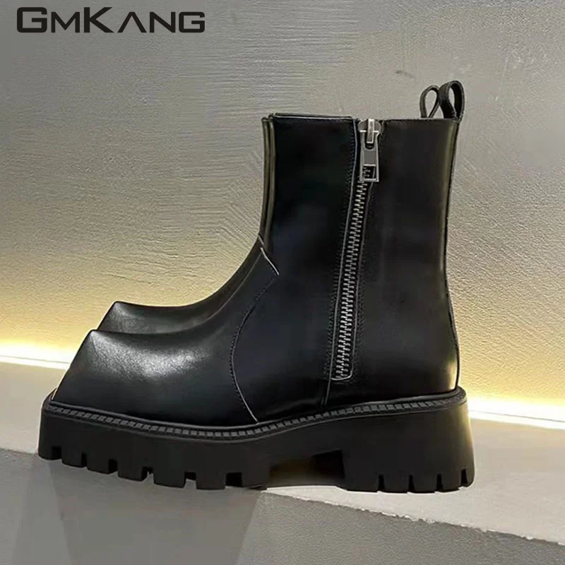 

Genuine Leather Chelsea Boots Woman Strange Style Toe Thick Sole Motorcycle Boots Zipper Short Boots Square Heels Shoes Women