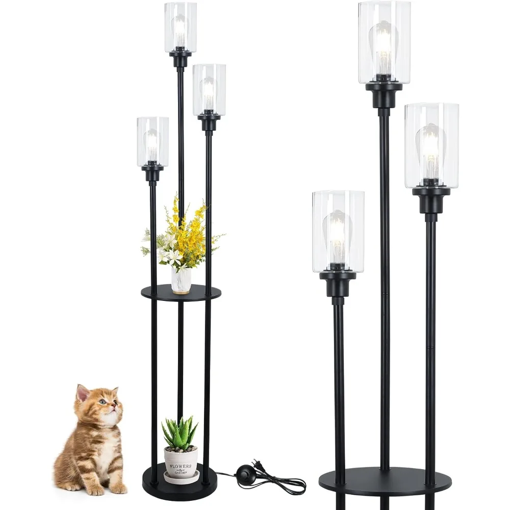 

Floor Lamps for Living Room, 3-Lights Modern Floor Lamp with Shelves, Farmhouse Standing Lamp with Glass Shades, On/Off