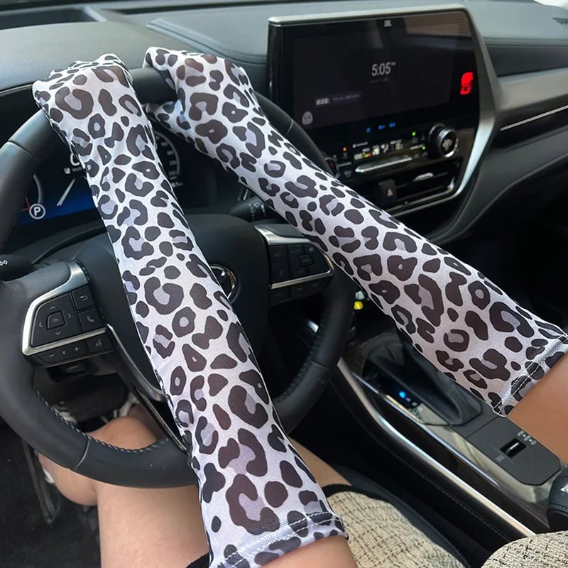 Sexy Leopard Print Long Full Finger Sunscreen Gloves 48CM Ice Silk Arm Sleeve Women's Summer Outdoor Riding Driving Mittens S168