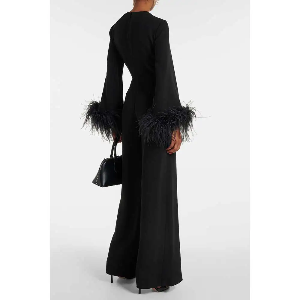 YUMDAI Dubai Black Cocktail Fashion Jumpsuit Evening Gown Middle East 2024 Prom Party Hollow Feather Dress Long Sleeve Dress