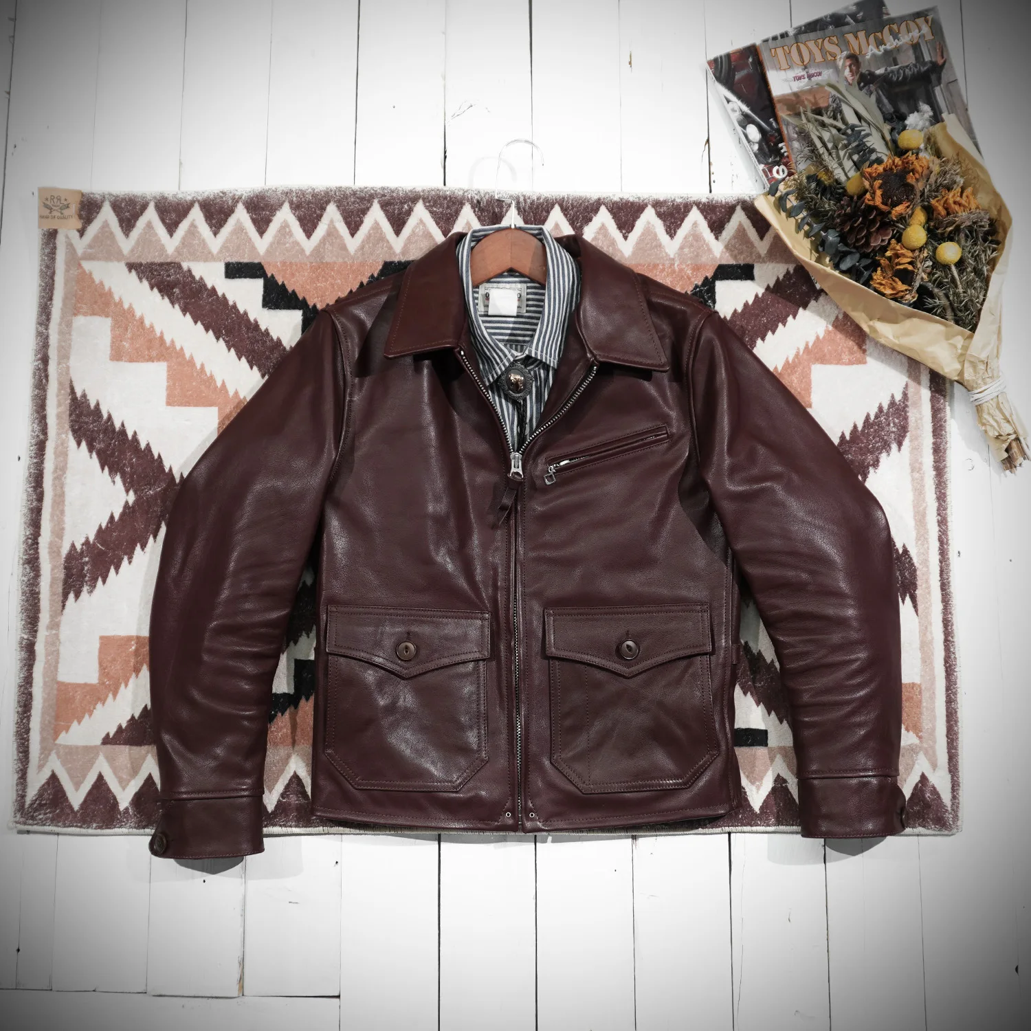 

Classic 1930 Unpainted Calf Leather Jacket Short Crop Tanned American Retro Amikaki Motorcycle Jacket Men's Leather