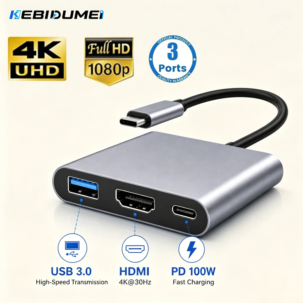 KEBIDUMEI 3-in-1 USB C Hub USB3.0 4K 60hz HDMI-compatible 100W PD Fast Charging HDTV Adapter Splitter For MacBook Phone Computer