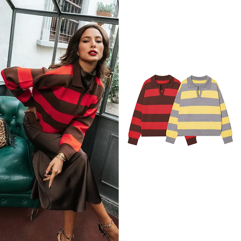 

2025 New Autumn Women's Knitted Pullover Tops Fashion Striped Polp Neck Warm Women's Sweaters Chic Travel Holiday Youth Tops