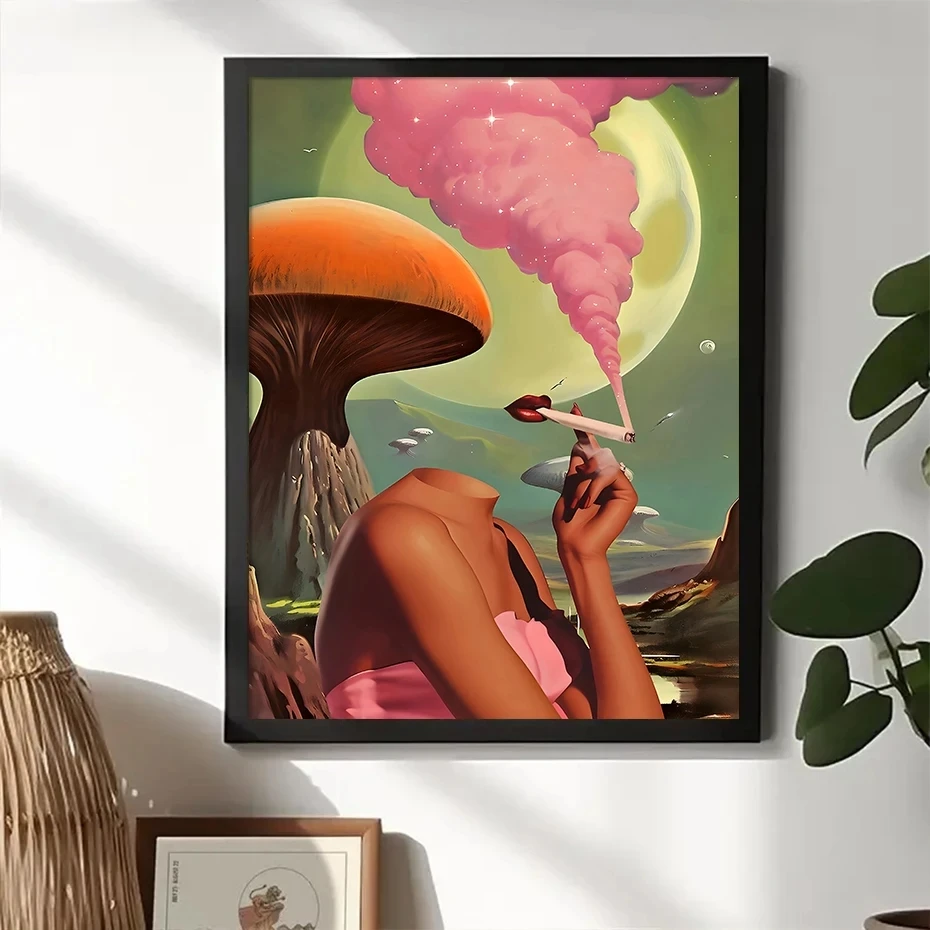 Retro Surrealism Space UFO Mushroom Psychedelic Trippy Weed Poster Canvas Painting Wall Art Pictures Home Room Decor