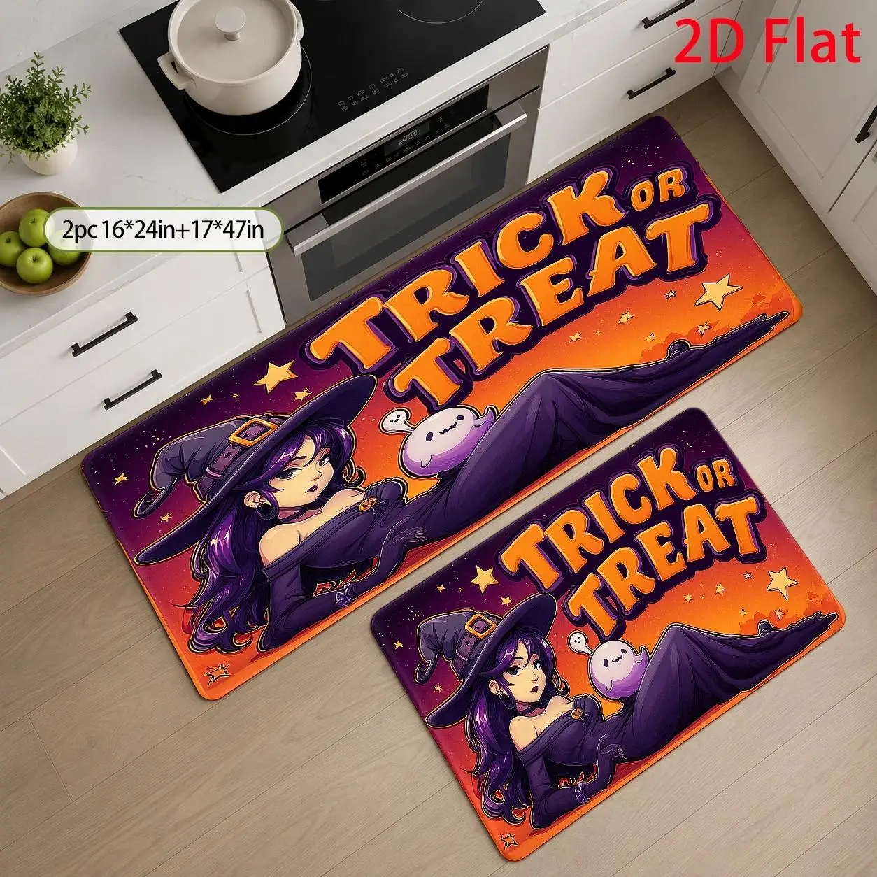1pc, 2pcs, 3pcs, 2D Flat Kitchen Floor Mat Set, Trick Or Treat Witch Theme Floor Rug, Halloween Pumpkin Floor Mat, Easy-to-Clean Decorative Kitchen Mat, Suitable for Kitchen, Bathroom, Laundry Room, Dining Room, And Living, 2D Flat