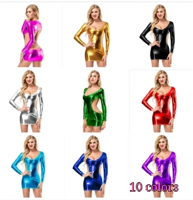 Candy Color PU Faux Leather Shiny Dress Long Sleeve Hollow Out Backless Low Cut Sexyy Wetlook Stage Dance Dress Clubwear