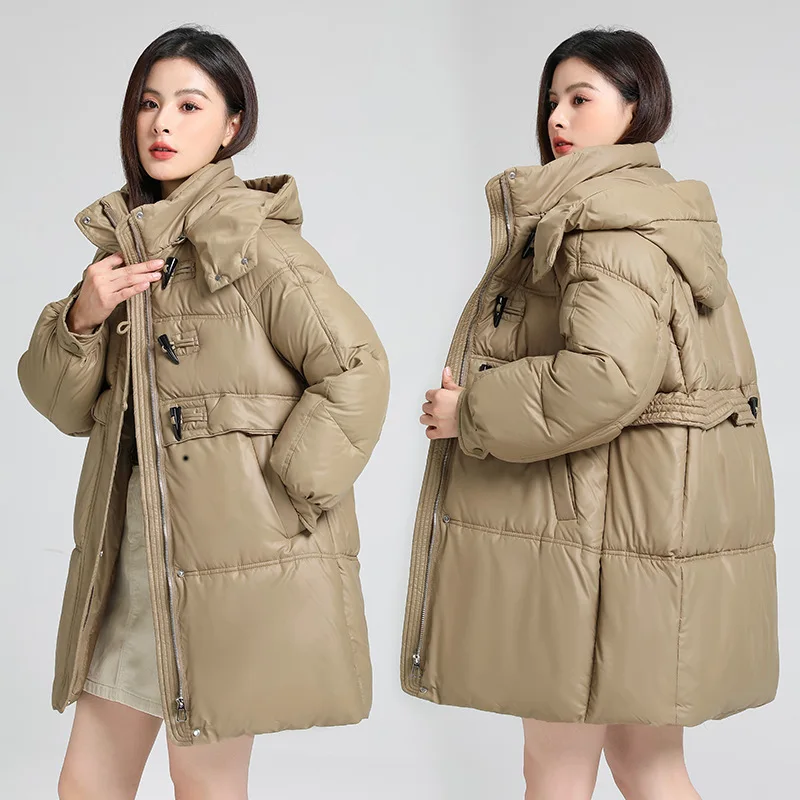 

2023 New Winter Cowhorn Button Mid Length Down Cotton Coat Women Windproof Hooded Standing Collar Loose Warm Parkas Women