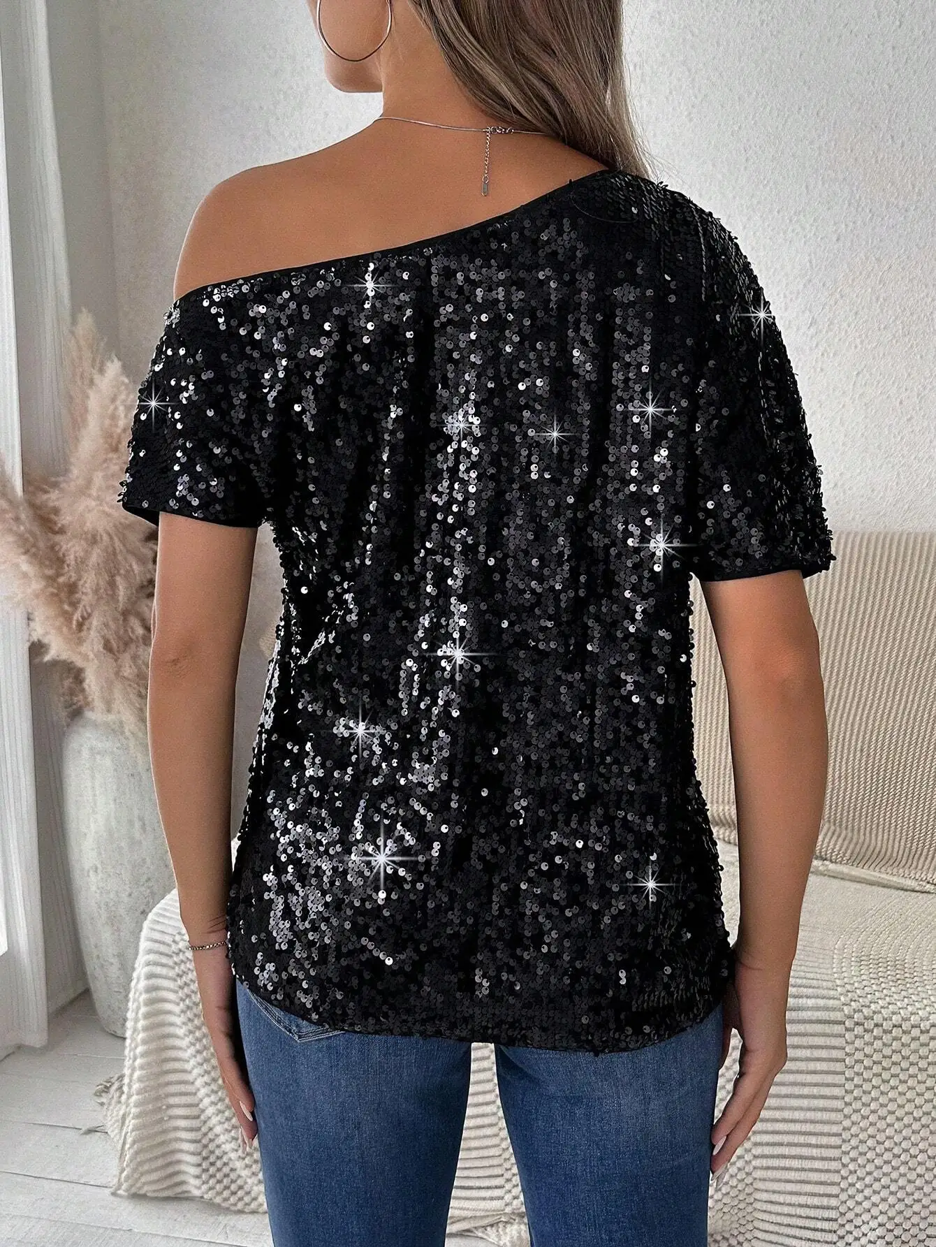 Women\'s Glitter Asymmetrical Neck Batwing Sleeve Black Sequin Blouse Sparkly Party Night Clothing