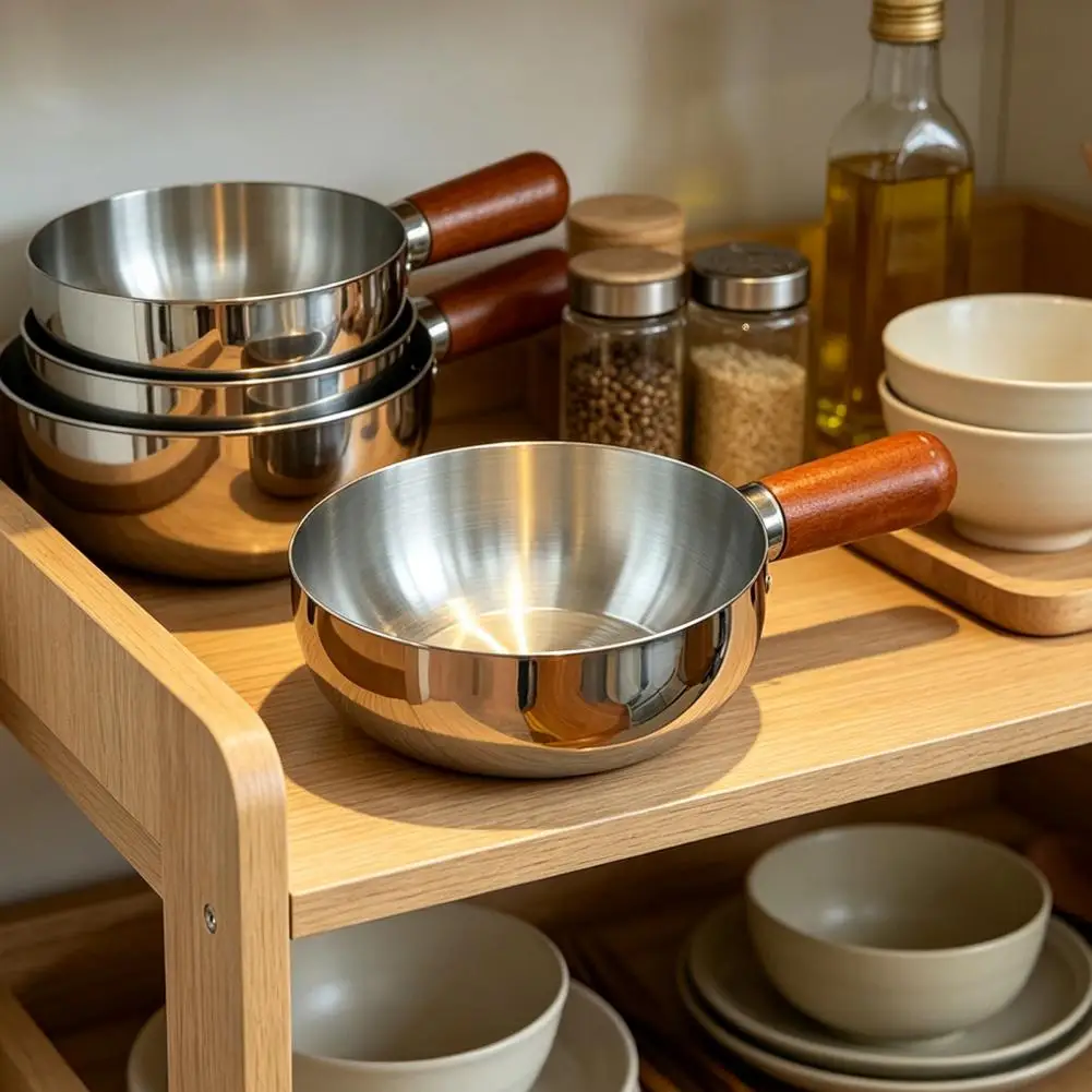 Instant Noodle Pot with Lid And Wooden Handle Stainless Steel Non-Stick Coated Kitchen Pot Easy Clean Saucepan for Warming Milk