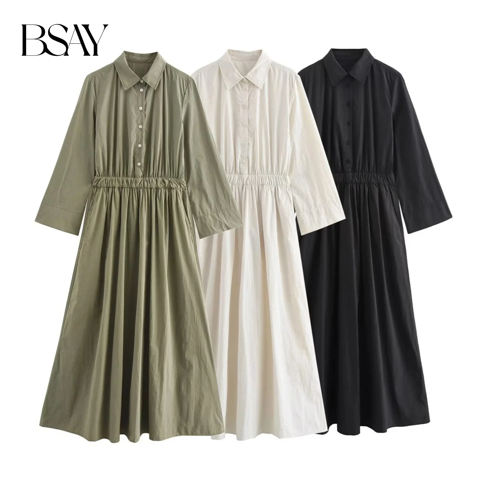 BSAY Damesmode Nieuwe Plooien Lange Mouwen Single Breasted Revers Vintage Shirt Stijl Jurk Frankrijk Chic Vrouwelijke Avond Mujer