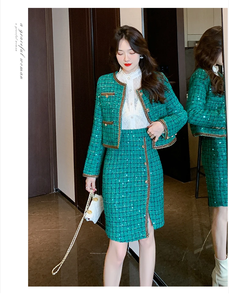 Women Elegant Tweed Plaid Suit Jacke Coat Top And Wrap Skirt Two Piece Set Green Outfit Winter Jacquard Formal Party Work Cloth