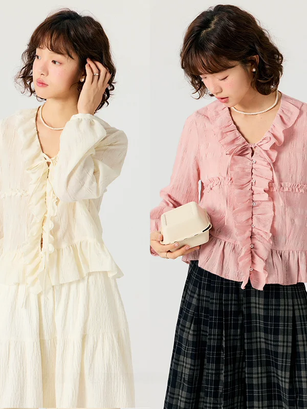 

Art School Girl Vintage Cotton Wool Texture Fabric Petal Collar Special Embroidery irt Women's Faion Spring Autumn 2025