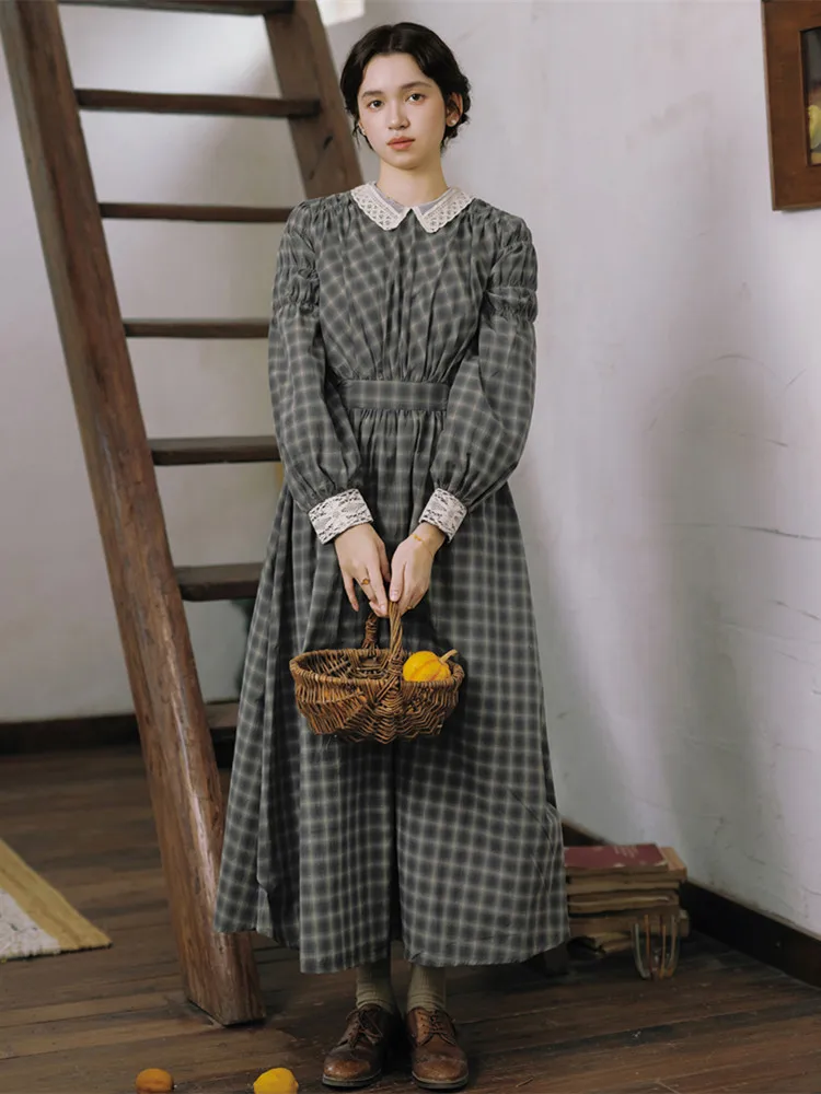 Sukienka maxi damska 86-98 cm obwód biustu, wiosna-jesień-zima, oryginalny projekt, brytyjski styl retro, artystyczna krata, vintage, elegancka, wyszczuplająca, 100% bawełna.