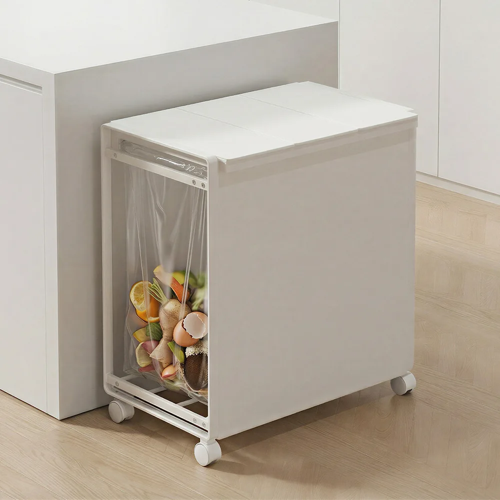 3-Compartment Carbon Steel Trash Can with Lid and Wheels Rolling Waste Sorter for Outdoor Indoor Garbage Holder