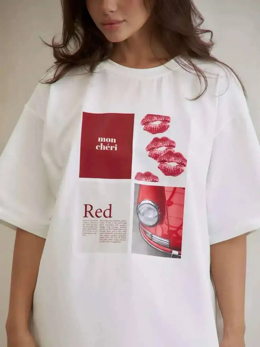 الأوروبية الأمريكية الساخنة فتاة الأمريكية Y2K تصميم تي شيرت مطبوع الصيف المرأة القطن الخالص شارع العليا الرجعية قصيرة الأكمام أعلى BPQ9 #3