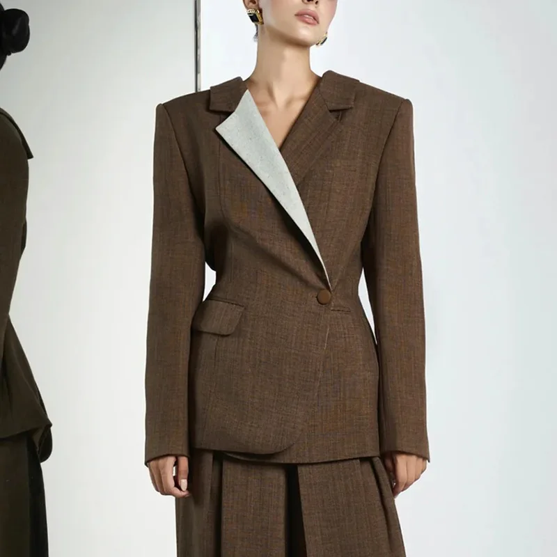 Eeonovni vintage sem costas design blazer casaco para mulher contraste cor colarinho botão emendado jaqueta fina elegante 2025 outono novo